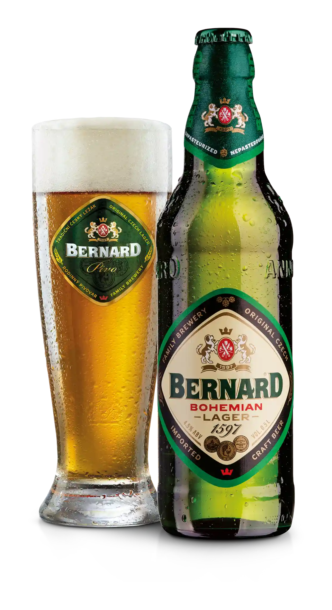 Bernard Bohemian Lager 4.5% i 0.5 l og ølglas – importeret af Beer Bros, kvalitetsøl fra Tjekkiet