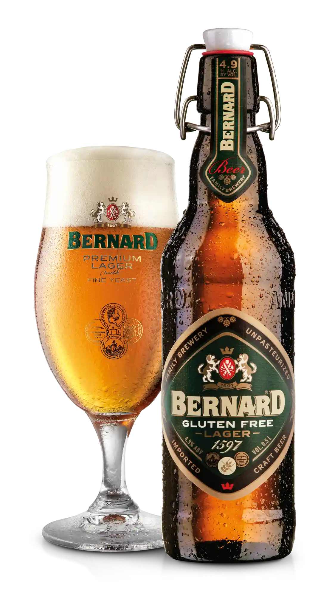Bernard Gluten Free Lager 4.9% i 0.5 l og ølglas – importeret af Beer Bros, kvalitetsøl fra Tjekkiet