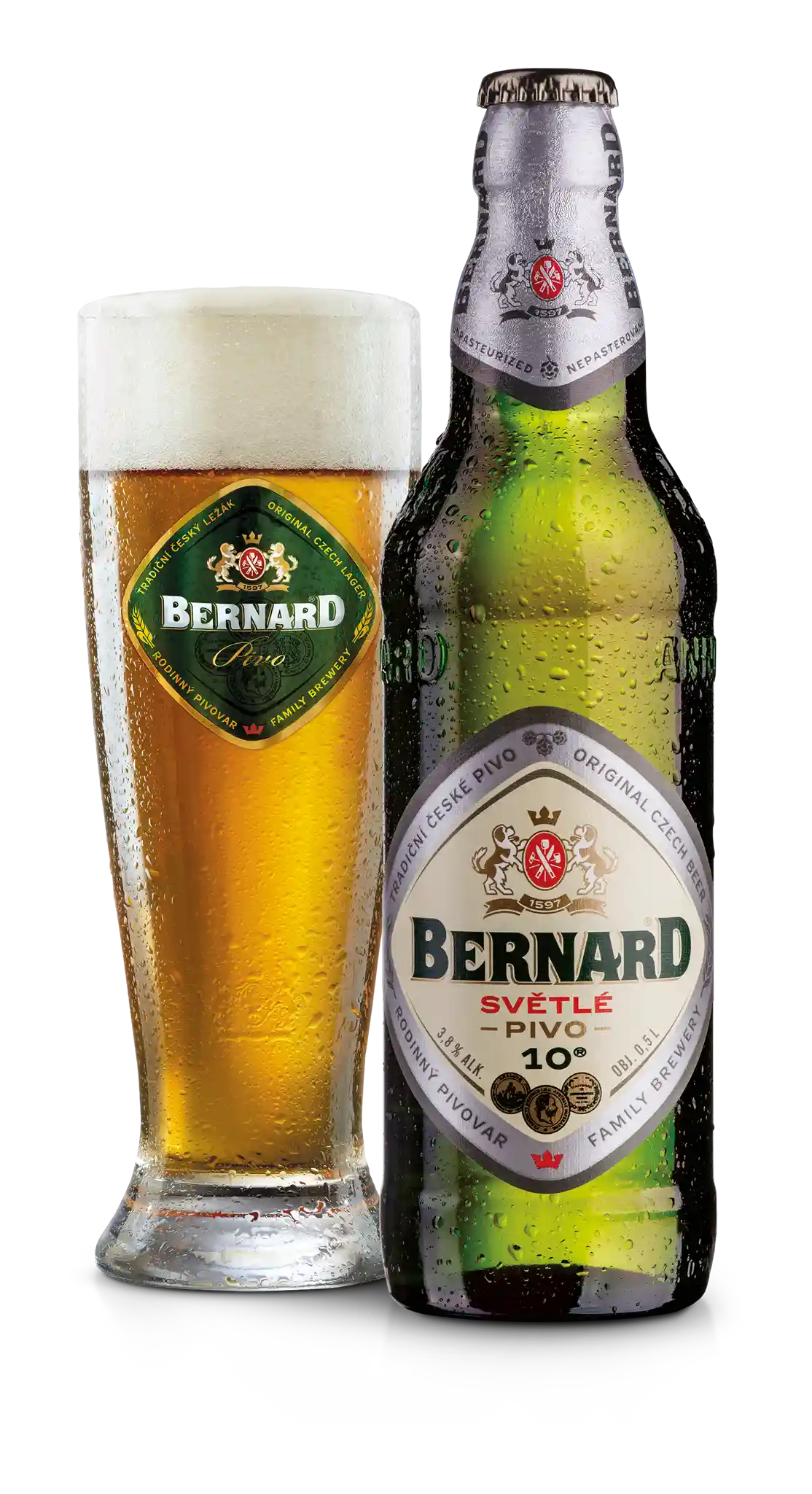 Bernard Bohemian Lager 3.8% i 0.5 l og ølglas – importeret af Beer Bros, kvalitetsøl fra Tjekkiet