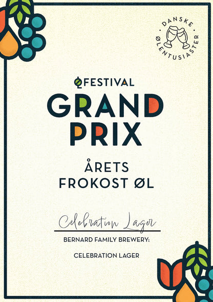 Bernard Celebration Lager vandt prisen for “Årets Frokostøl” ved Ølfestival Grand Prix uddelt af Danske Ølentusiaster. Et anerkendt kvalitetsstempel inden for dansk ølkultur.