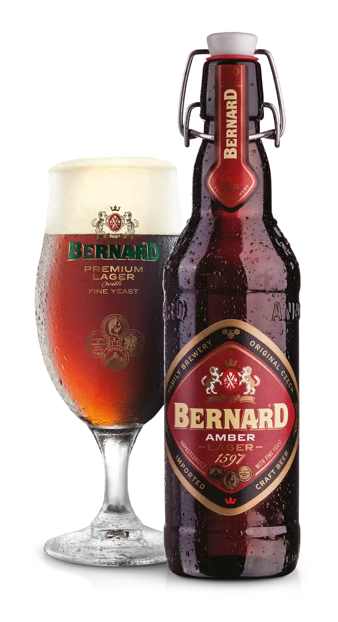 Bernard Amber Lager 5.0% i 0.5 l og ølglas – importeret af Beer Bros, kvalitetsøl fra Tjekkiet