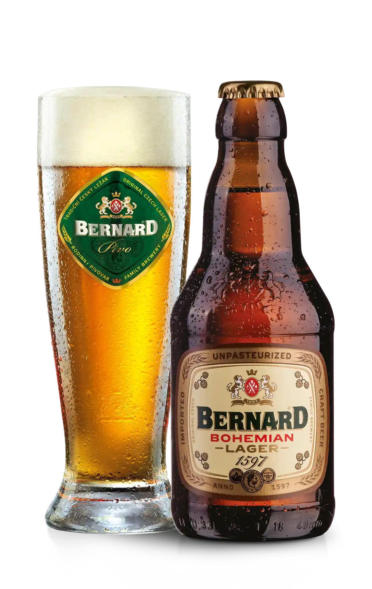 Bernard Bohemian Lager 4.9% i 0.33 l og ølglas – importeret af Beer Bros, kvalitetsøl fra Tjekkiet