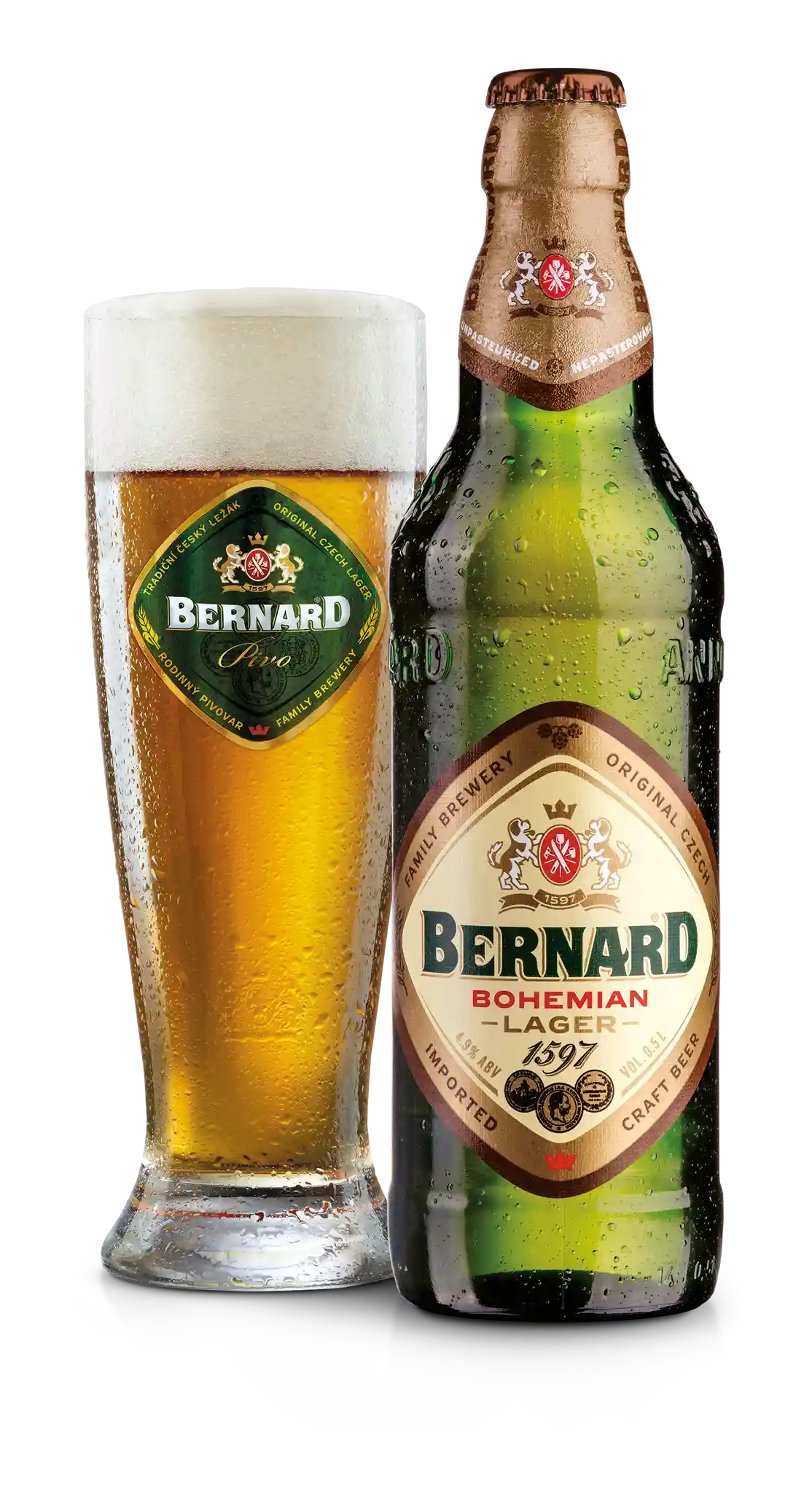 Bernard Bohemian Lager 4.9% i 0.5 l (dvanactka) og ølglas – importeret af Beer Bros, kvalitetsøl fra Tjekkiet