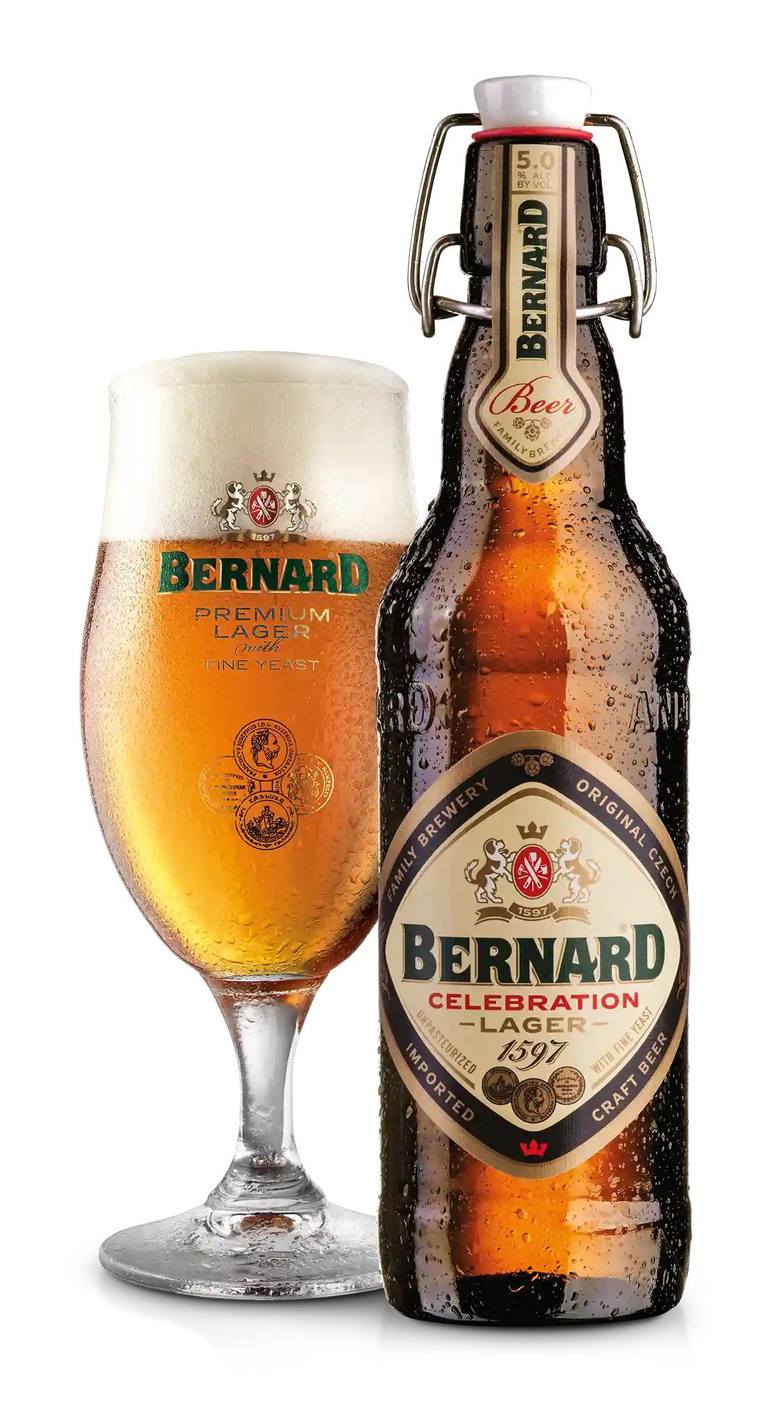 Bernard Celebration Lager 5.0% i 0.5 l og ølglas – importeret af Beer Bros, kvalitetsøl fra Tjekkiet