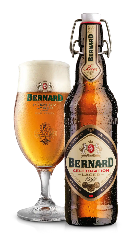 Bernard Celebration Lager 5.0% i 0.5 l og ølglas – importeret af Beer Bros, kvalitetsøl fra Tjekkiet