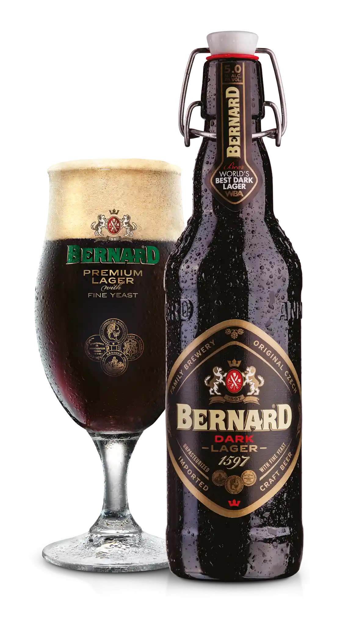 Bernard Dark Lager 5.0% i 0.5 l og ølglas – importeret af Beer Bros, kvalitetsøl fra Tjekkiet