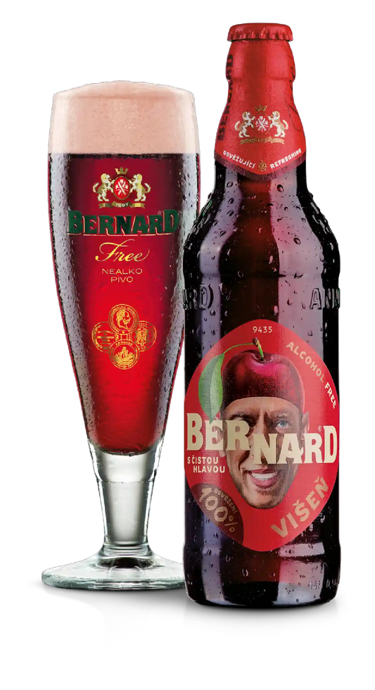Bernard Sour Cherry alkoholfri øl i 0.5 l og ølglas – importeret af Beer Bros, kvalitetsøl fra Tjekkiet