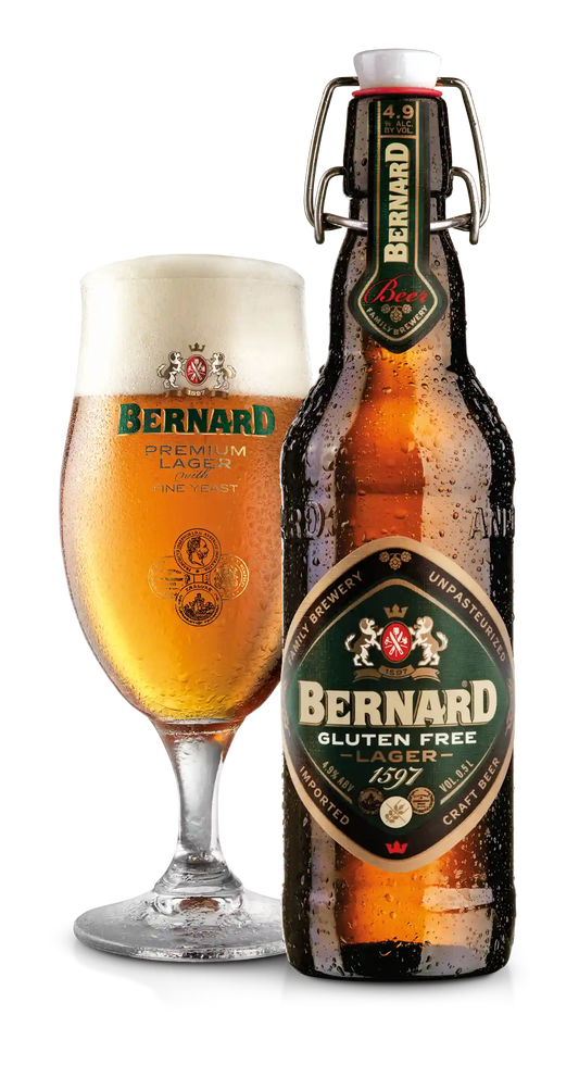 Bernard Gluten Free Lager 4.9% i 0.5 l og ølglas – importeret af Beer Bros, kvalitetsøl fra Tjekkiet