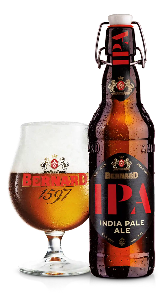 Bernard IPA 5.60% i 0.5 l og ølglas – importeret af Beer Bros, kvalitetsøl fra Tjekkiet