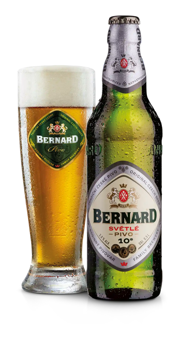 Bernard Bohemian Lager 3.8% i 0.5 l og ølglas – importeret af Beer Bros, kvalitetsøl fra Tjekkiet