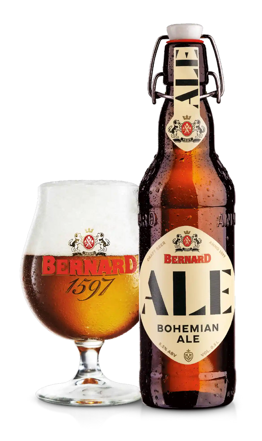 Bernard Bohemian Ale 8.2% i 0.5 l og ølglas – importeret af Beer Bros, kvalitetsøl fra Tjekkiet